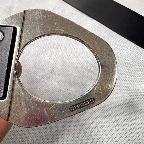 Chico's Black Leather Adjustable Belt 2484 Tribal Metal‎ Buckle & Tab M/L - Picture 4 of 7